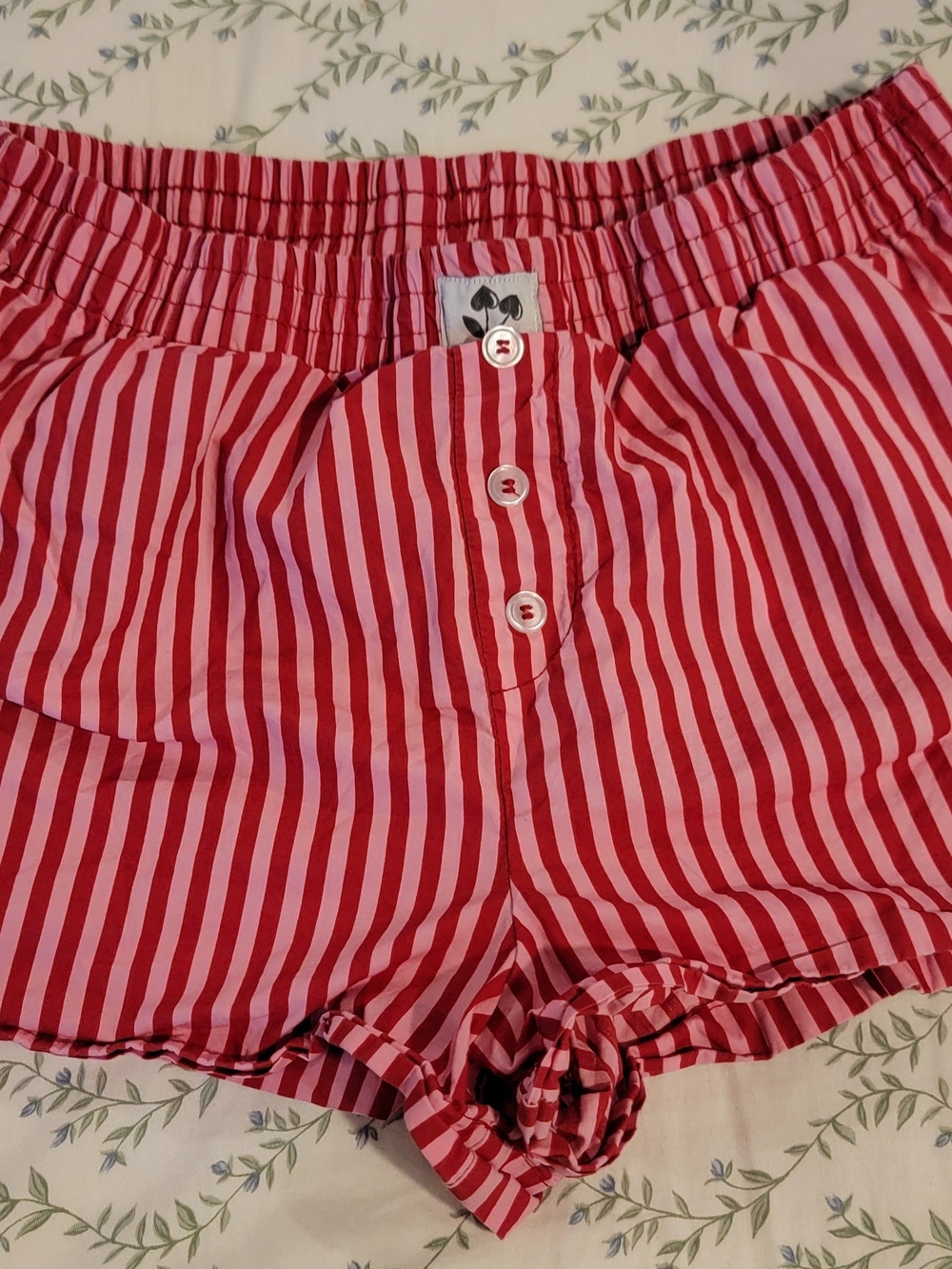 Happily Grey Pink Red Candy Cane Stripe Cherry Boxer Pajama Lounge Shorts